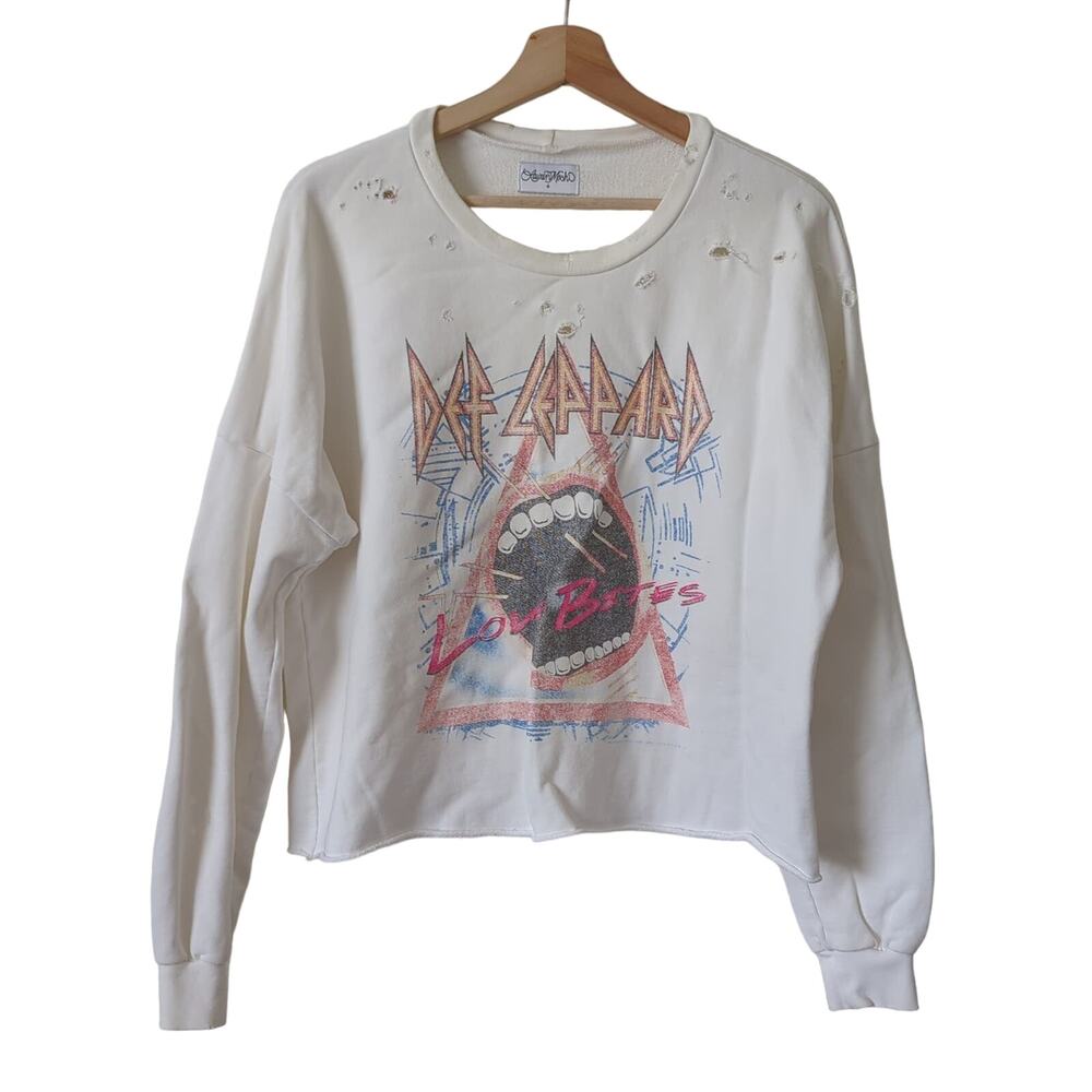 Lauren Moshi Womens Graphic Sweatshirt Distressed Def Leppard Love Bites‎ Small